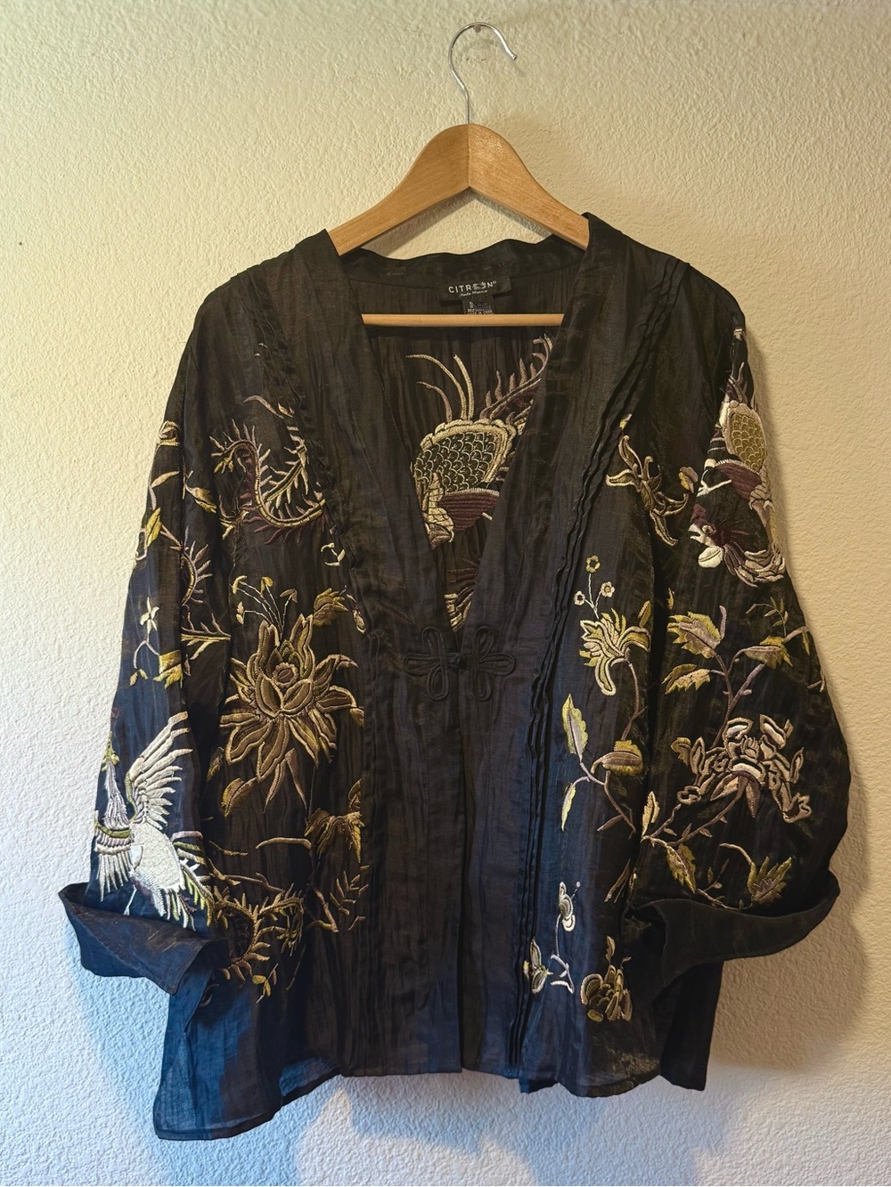 CITRON Black Embroidered Metallic Linen Jacket with Crane & Floral Motifs
